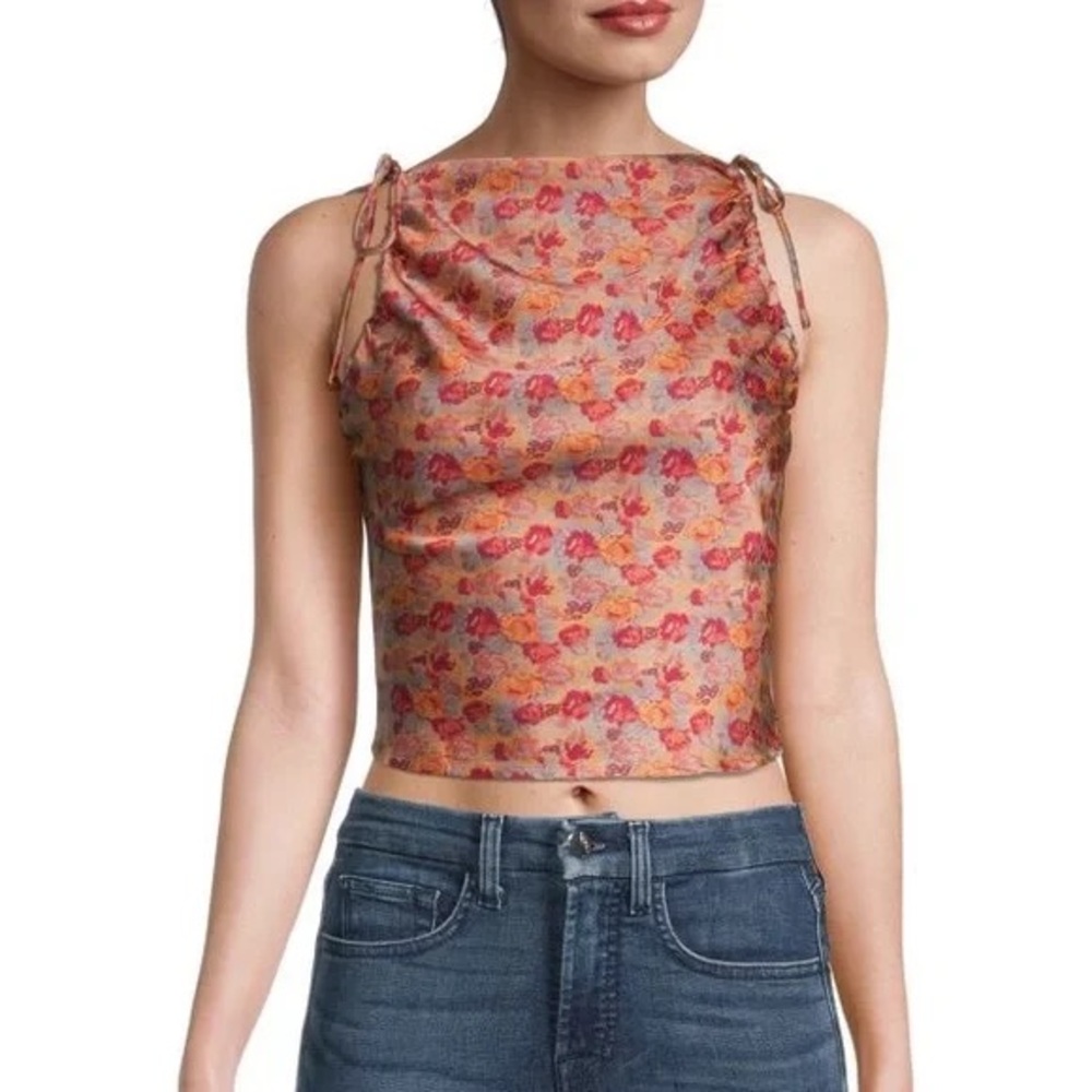 Free People Pink and Orange Crop Tie Front Tank Top